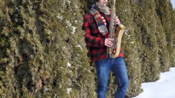 Saxofonista toca el saxofón, en invierno — Vídeo de stock