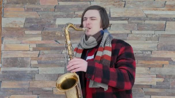 Saxofonist spelar saxofon, vintertid — Stockvideo