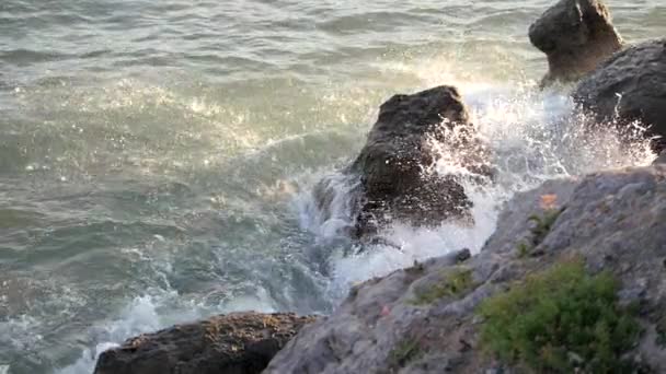 Fale rozbijają się na brzegu. Fale rozbijają się o skały. — Wideo stockowe