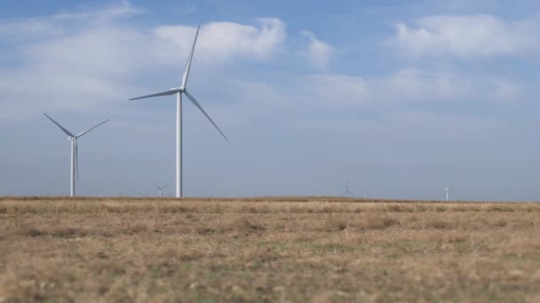 Trabajo del grupo de energía eólica. Generador eólico instalado en el campo . — Vídeos de Stock