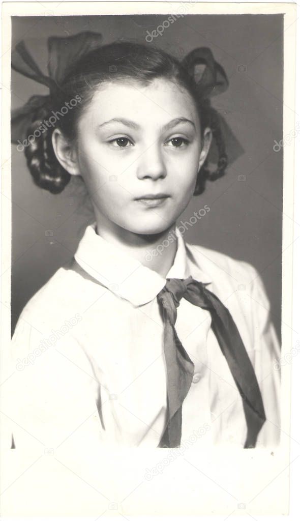 Story in the photos: pioneer Girl in full dress uniform. Portrait, 1989, USSR.