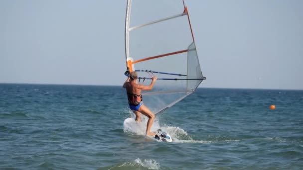 Windsurf Cavalgando Ondas Mar Uma Placa Com Uma Vela Gestão — Vídeo de Stock