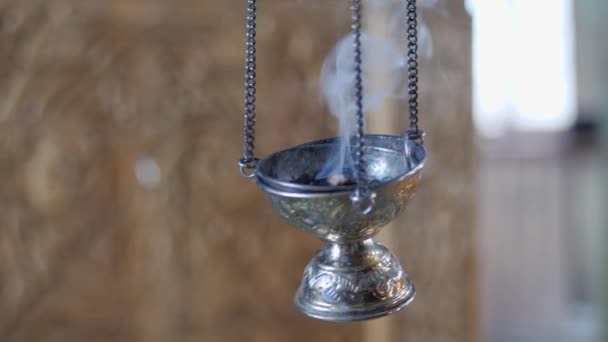 Orthodox Tradition Censer Christian Church Incense Smoke Comes Vase Priest — Stock Video