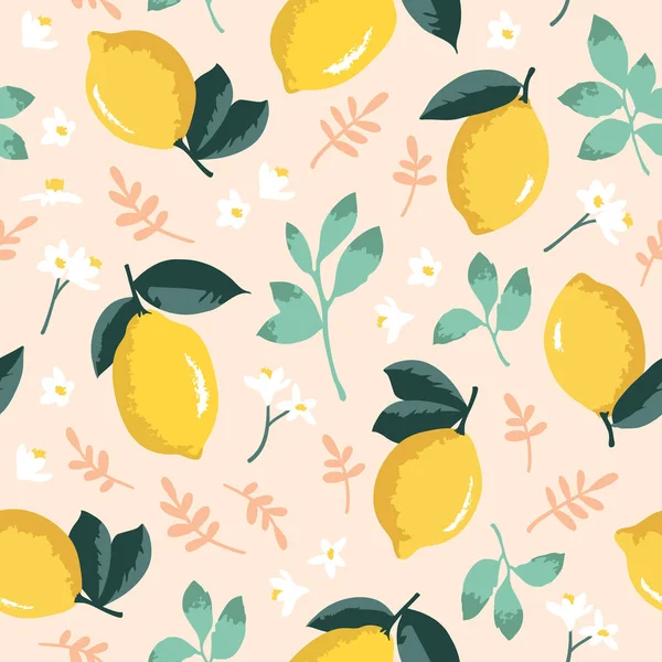 레몬, 꽃, 잎으로 된 벡터 여름 패턴. 바다없는 질감의 구조. — 스톡 벡터