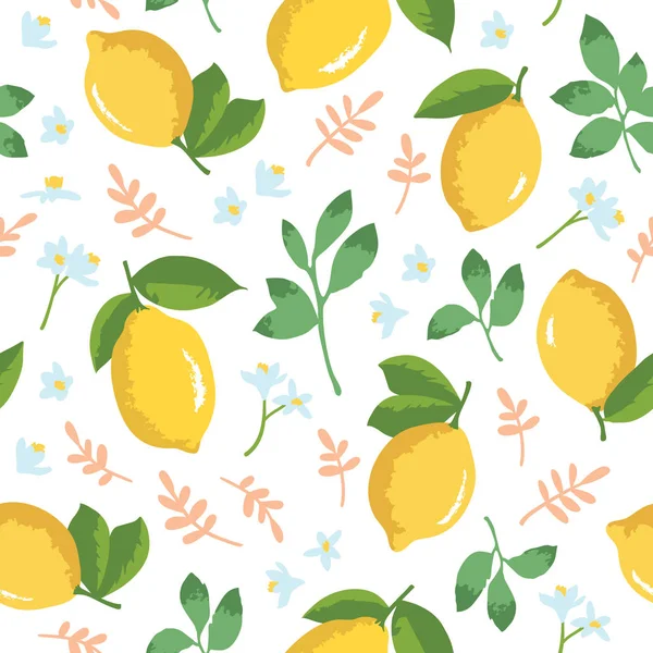 레몬, 꽃, 잎으로 된 벡터 여름 패턴. 바다없는 질감의 구조. — 스톡 벡터