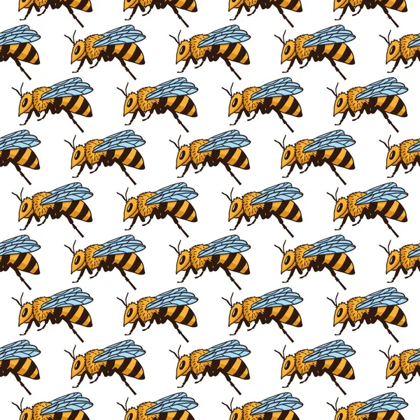 Vektornahtloses Muster mit Bienen, Blättern und Blüten. schwarz-gelbe Textur — Stockvektor