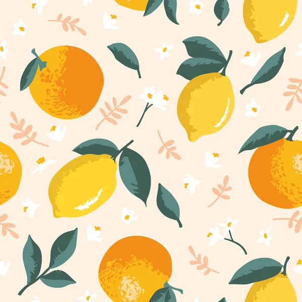 레몬, 오렌지, 꽃과 잎 벡터 여름 패턴입니다. 원활한 텍스처 디자인. — 스톡 벡터