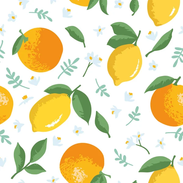 레몬, 오렌지, 꽃과 잎 벡터 여름 패턴입니다. 원활한 텍스처 디자인. — 스톡 벡터