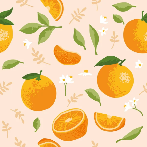 Padrão de verão vetorial com laranjas, flores e folhas. Design de textura sem costura. — Vetor de Stock