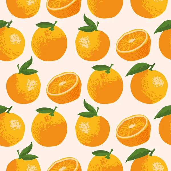 Patrón vectorial de verano con naranjas, flores y hojas. Diseño de textura sin costuras. — Vector de stock