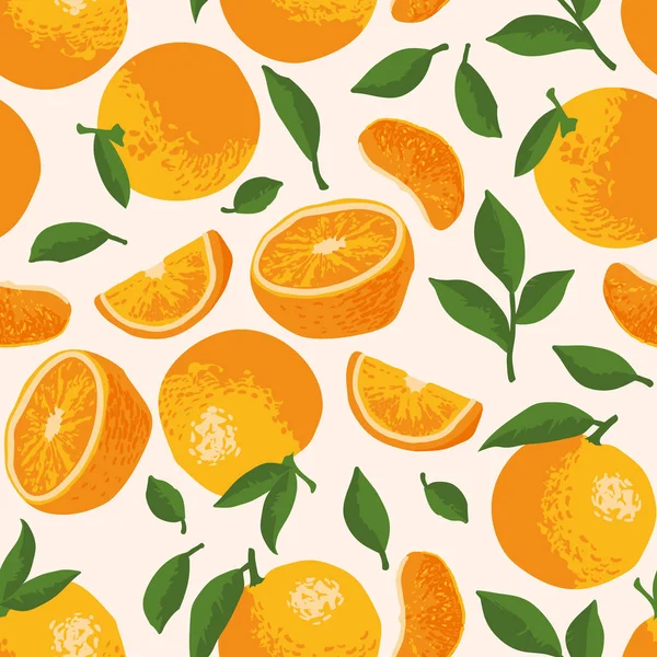 Patrón vectorial de verano con naranjas, flores y hojas. Diseño de textura sin costuras. — Vector de stock