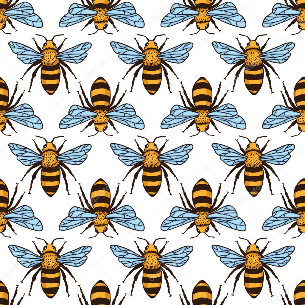 Vector seamless pattern with bees, leaves and flowers. Black and yellow texture