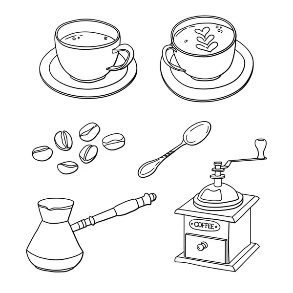 Ensemble vectoriel avec tasses de café, grains de café, cafetière, moulin à café, cuillère — Image vectorielle