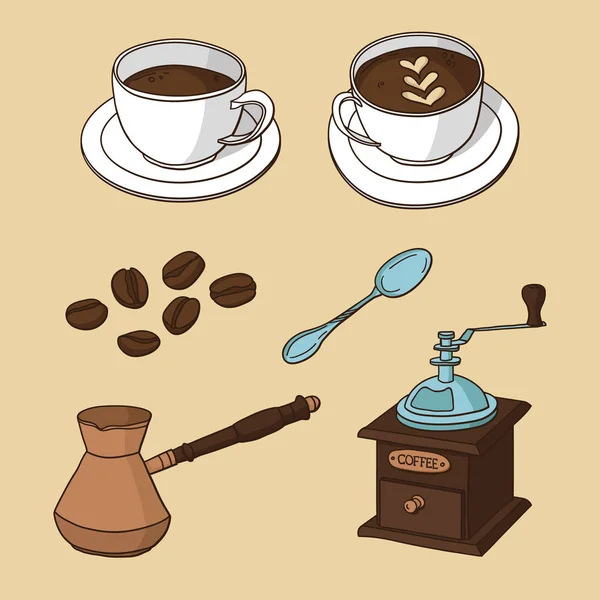 Set de vectores con tazas de café, granos de café, cafetera, molinillo de café, cuchara — Vector de stock