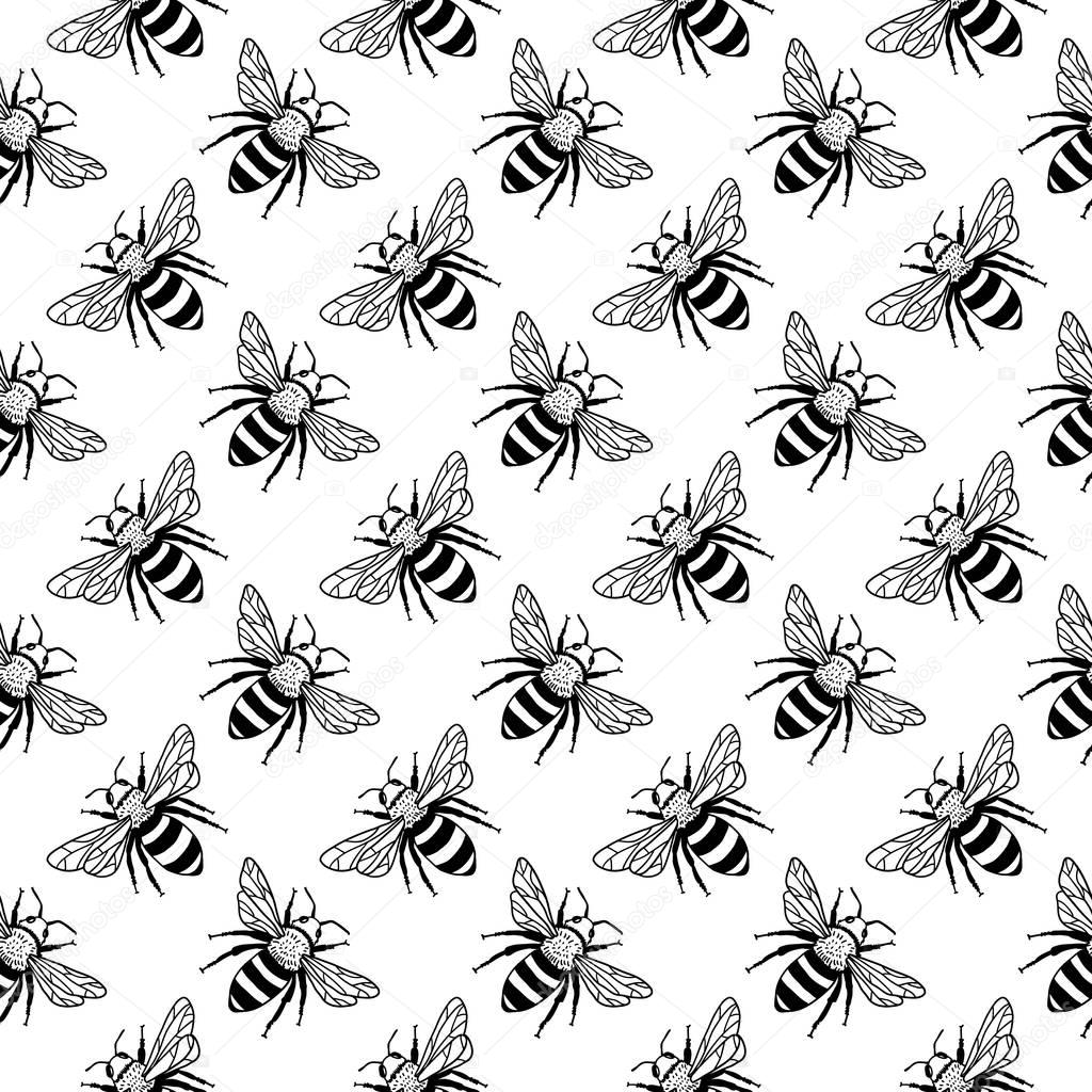 Vector seamless pattern with bees. Black and yellow texture