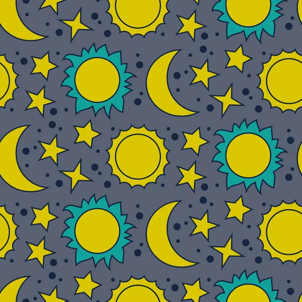 Modèle sans couture vectoriel avec lune, soleil et étoiles — Image vectorielle