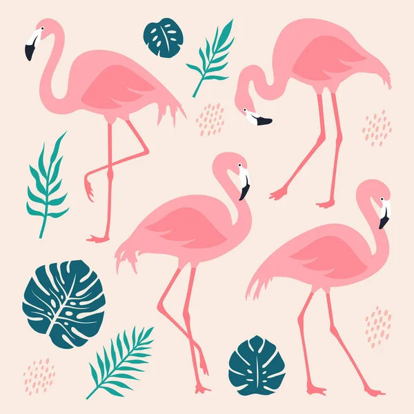 Pembe Flamingolu Tropik Palmiye Yapraklı Vektör Seti Çizimi Çizimi Izole — Stok Vektör