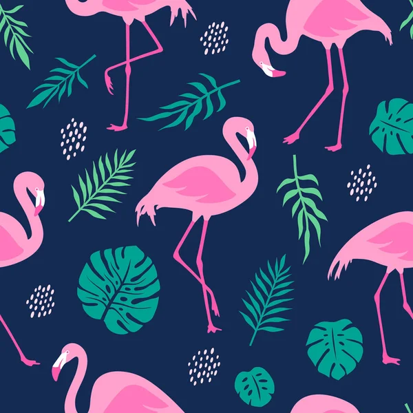 Vector Seamless Pattern Pink Flamingos Tropical Palm Leaves Hand Drawn — 스톡 벡터