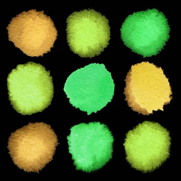 Watercolor Circles Gold Green Yellow Isolated Black Background Bright Color — Stockfoto