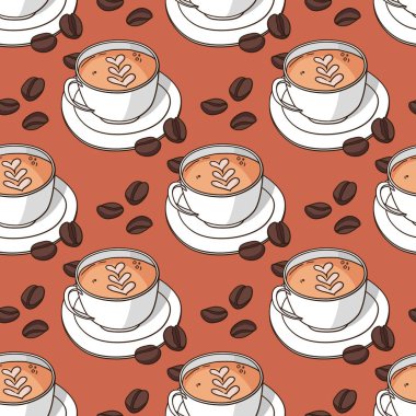 Kahve fincanları ve kahve çekirdekleri ile kusursuz bir desen.