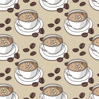 Kahve fincanları ve kahve çekirdekleri ile kusursuz bir desen.