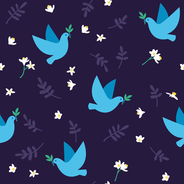 Vector seamless pattern with doves, flowers and leaves
