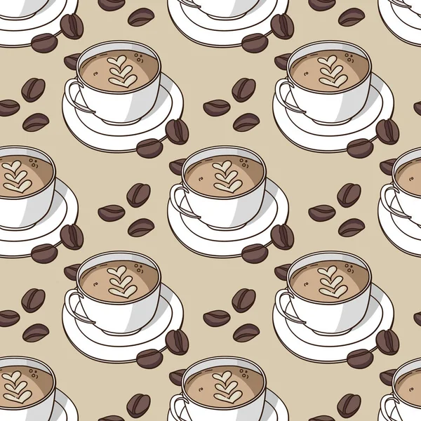 Vector seamless pattern with coffee cups and coffee beans