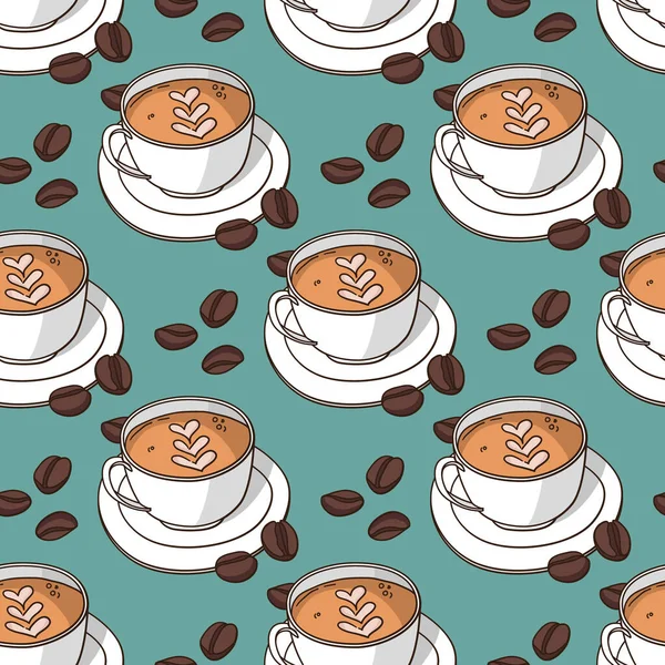 咖啡杯和咖啡豆构成的病媒无缝图案 — 图库矢量图片