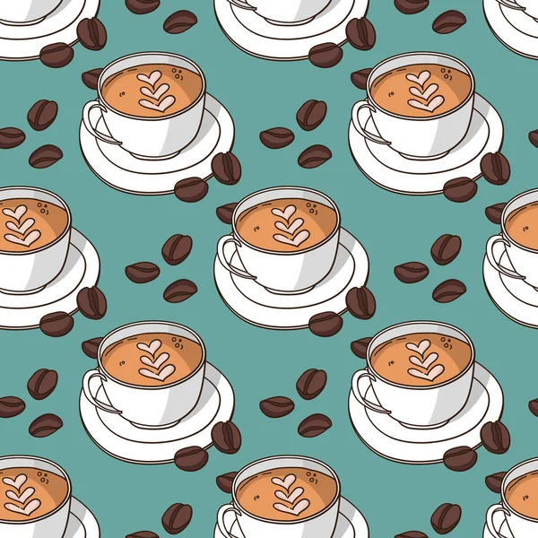 Vector seamless pattern with coffee cups and coffee beans