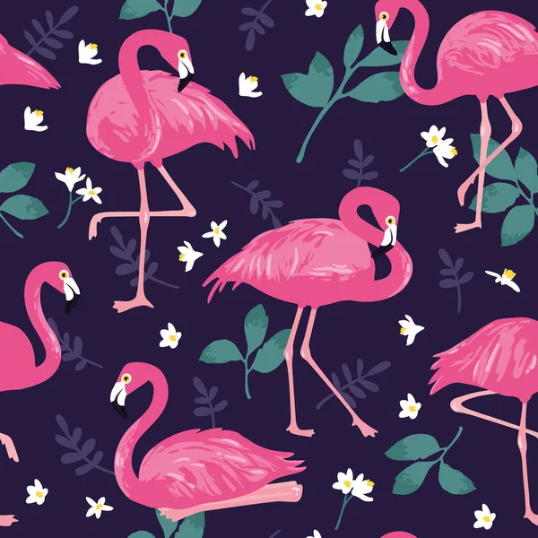 Pembe Flamingoları Tropik Palmiye Yaprakları Çiçekleri Olan Kusursuz Bir Desen — Stok Vektör