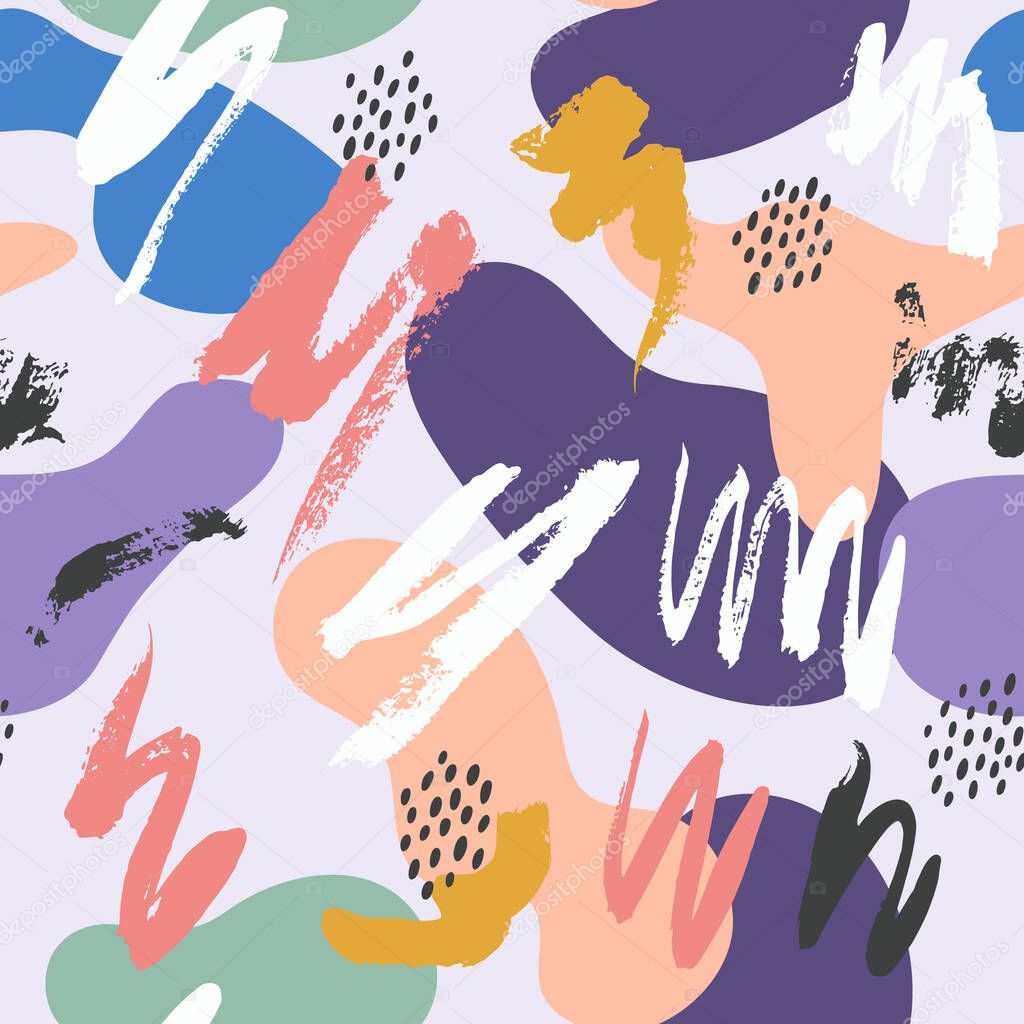 Vector seamless pattern. Colorful painted watercolor splashes. Hand drawn texture elements.