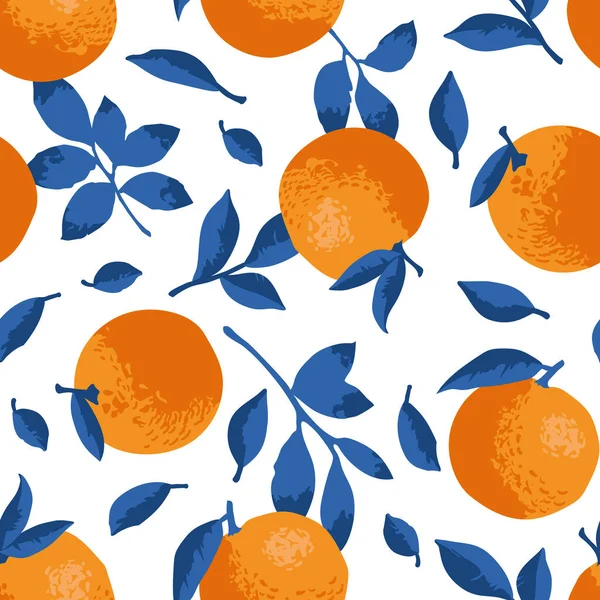 Patrón Vectorial Verano Con Naranjas Flores Hojas Diseño Textura Sin — Vector de stock