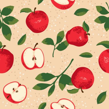 Elma, çiçek ve yapraklı vektör yaz şablonu. Kusursuz doku tasarımı.
