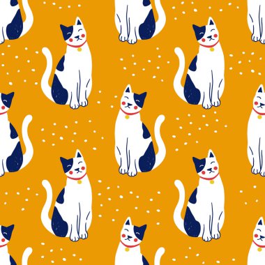 Şirin yavru kedi ile Seamless modeli. Yaratıcı çocukça doku. Vektör çizim.