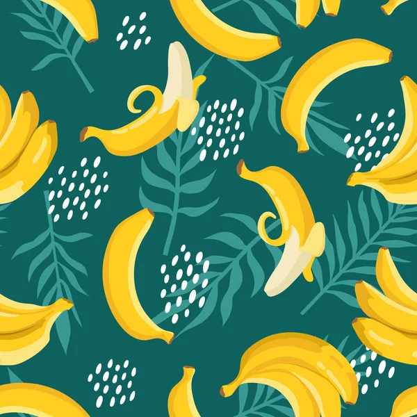 Vetor Verão Padrão Exótico Com Bananas Amarelas Flores Folhas Design —  Vetores de Stock