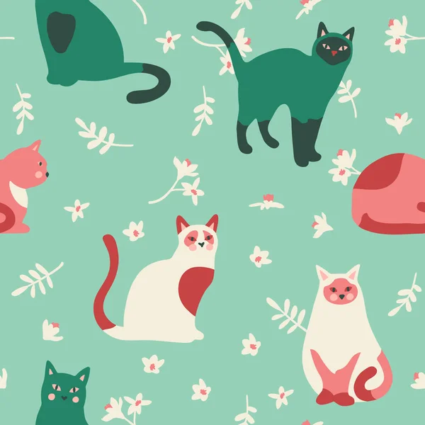 Naadloos Patroon Met Schattige Kittens Bladeren Bloemen Creatieve Kinderachtige Textuur — Stockvector