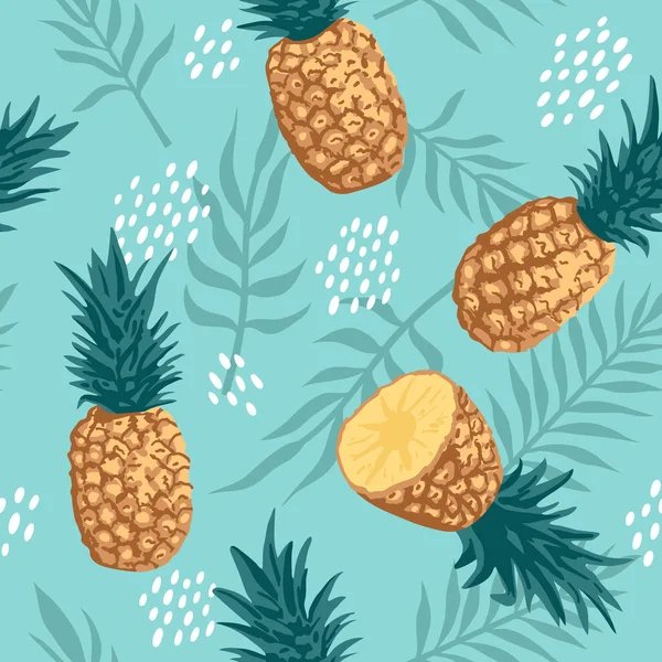 Vektor Sommermuster Mit Ananas Und Tropischen Blättern Nahtloses Texturdesign — Stockvektor