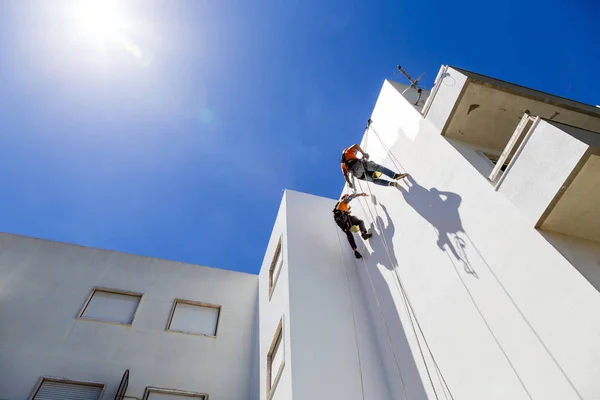 Industrielle Alpinisten arbeiten an weißer Wand — Stockfoto