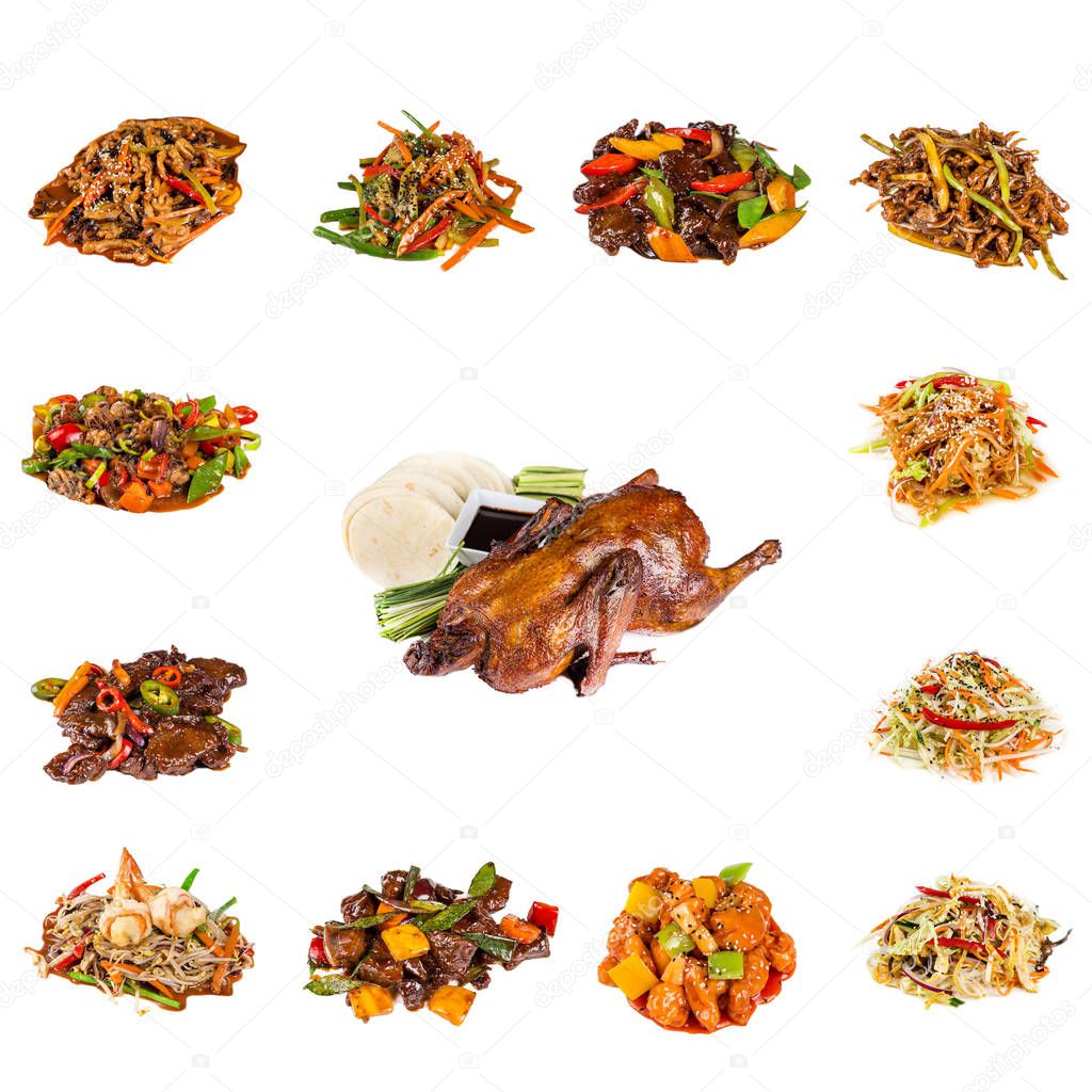 set of a different asian dishes in restaurant