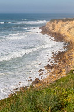 Çimenli okyanus kıyısı, köpüklü hareketli dalgalar. Rüzgar gücü. Turkuaz su. 