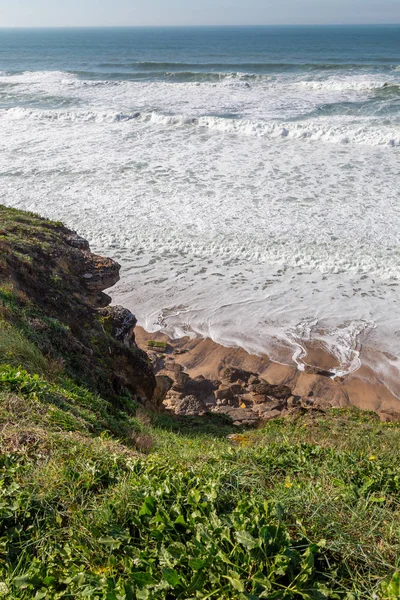 Costa Oceano Com Grama Ondas Movimento Com Espuma Energia Eólica — Fotografia de Stock