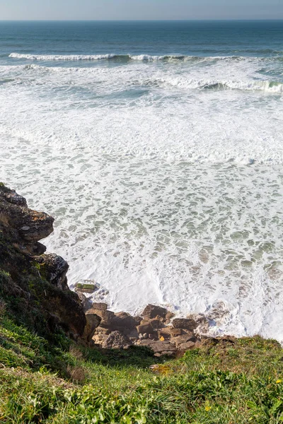 Costa Oceano Com Grama Ondas Movimento Com Espuma Energia Eólica — Fotografia de Stock