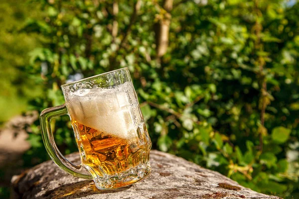 Caneca de vidro com cerveja em pé sobre a pedra grande — Fotografia de Stock