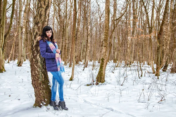 冬の森を歩いて若い美しい女性 — ストック写真