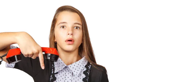 Teenage girl talking on retro telephone — Stock Photo, Image