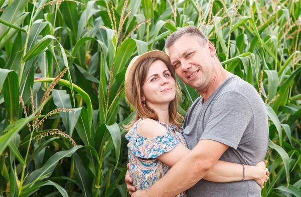 Paar minnaars knuffelen in het maïsveld — Stockfoto