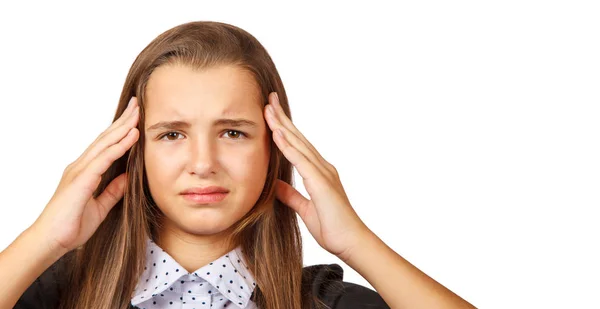 Teenie-Mädchen zeigt Geste Kopfschmerzen — Stockfoto