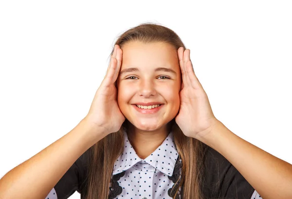 Portret Van Glimlachen Brunette Tiener Meisje Closeup Geïsoleerd Witte Achtergrond — Stockfoto