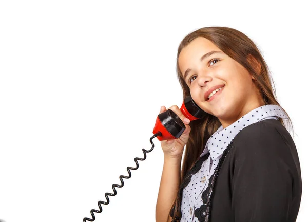 Улыбающаяся Девочка Подросток Говорящая Ретро Телефону Крупным Планом Изолированным Белом — стоковое фото
