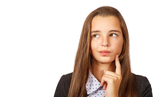 Interessado Menina Olhando Para Direita Closeup Isolado Branco Imagens De Bancos De Imagens Sem Royalties